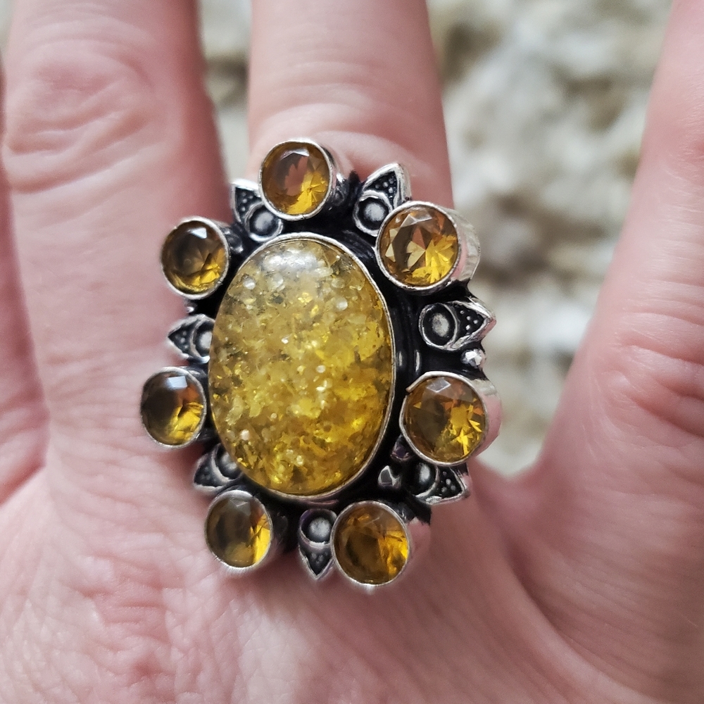 New Amber and Citrine 925 Silver Statement Ring. - Picture 4 of 12